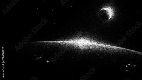 Crescent moon over Earth with stipple effect. Space dotted background with planet view. Futuristic abstract illustration for science and astronomy concept.