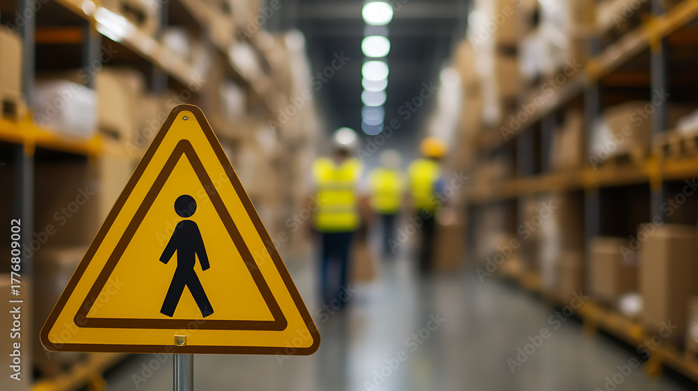Obraz premium Warehouse safety first: yellow pedestrian crossing sign in focus, workers in vests walking in the background near shelves. Promote safety in industry, storage areas