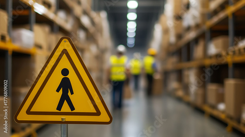 Wallpaper Mural Warehouse safety first: yellow pedestrian crossing sign in focus, workers in vests walking in the background near shelves. Promote safety in industry, storage areas Torontodigital.ca