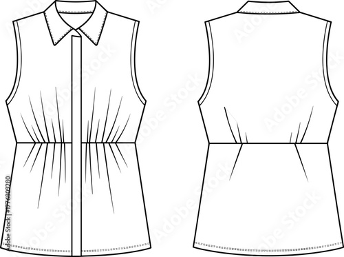 Sleeveless blouse technical sketch, women's fashion flat, front and back view, pointed collar, fitted darts, garment design, pattern template