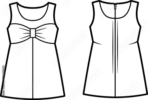 Sleeveless dress technical sketch, front and back view, bow detail, scoop neckline, zipper closure, fashion flat, garment design template, vector illustration