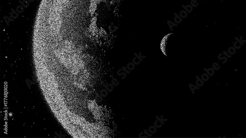 Moon and a distant crescent in a stipple art style, depicting a cosmic scene. Space vector stipple background.