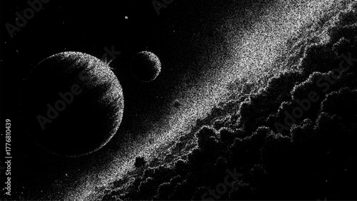 Stipple drawing of celestial bodies and nebula in dark space, for science fiction backdrop or astronomical content. Abstract dotted universe.