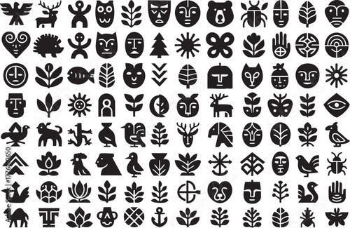Collection of Folk Art Inspired Animal Plant and Mask Glyphs