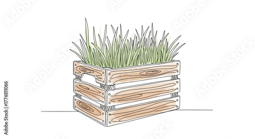 Doodle Wooden Crate with Grass and Greenery, suitable for organic food logo, gardening blogs, and eco-friendly product design — One Line Art Minimalist Watercolor Vector on White Background
