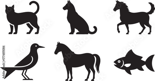 Black silhouettes of domestic and wild animals including cat dog horse bird fish