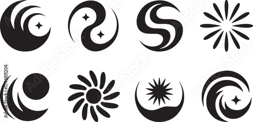 Collection of eight black abstract cosmic symbols and icons on white background vector