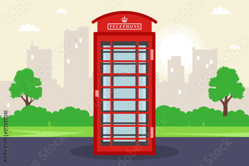 Red telephone booth on the street. Flat illustration.