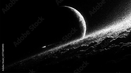 Dark planet in stipple style, half hidden, with a cloud of stardust around it. Space vector stipple background. Modern space art texture.