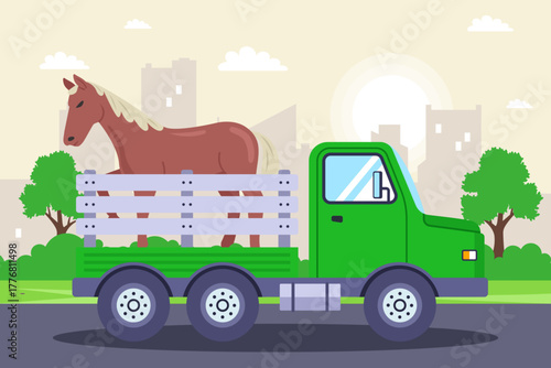 Transportation of farm animals to the city. Flat illustration.