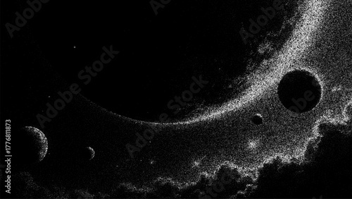 Stipple space vector background with planets and stars. Abstract cosmic illustration for science, astronomy, technology, and futuristic design.