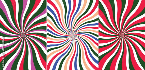 Vibrant swirling stripes radiating from a central point in a triptych design