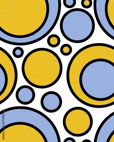Seamless raster pattern with yellow and blue circles in flat style on a white background