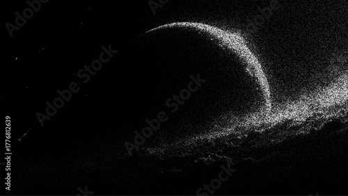 Abstract stipple vector background illustrating cosmic dust and a curved celestial body, creating a futuristic space scene for digital art and graphic design.