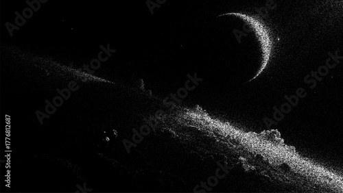 Crescent moon and nebula with stipple effect. Abstract space vector background for modern design element and astronomy concept.