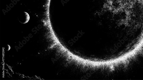 Distant planet and moons in deep space with stipple effect. Abstract cosmic black and white background for futuristic design or science fiction concept.