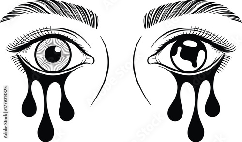 Black and white illustration of two crying eyes with dripping tears