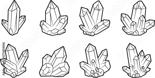 Cluster of black and white crystal illustrations mineral