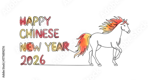 Doodle "Happy Chinese New Year 2026" lettering with a fiery horse, one-line drawing with minimalist watercolor fill - 2026年のハッピー中国の新年と火の馬の旧正月カード