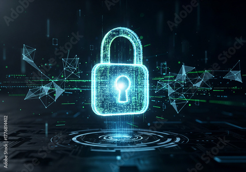 Futuristic digital padlock glowing in blue light, representing robust cybersecurity and data protection for secure online networks and sensitive information across modern technological landscapes