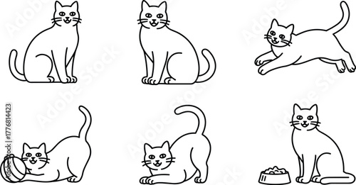 Six cartoon cats in various poses and activities kitten