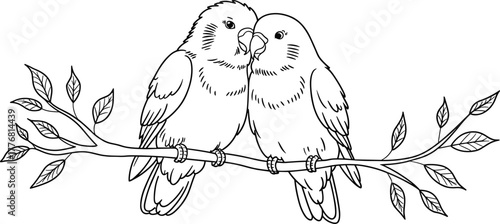 Two lovebirds perched on a branch with leaves nature