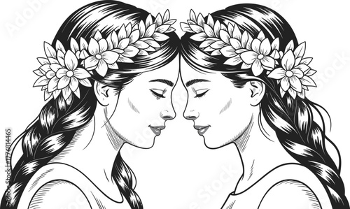 Two women in profile wearing floral wreaths woman face