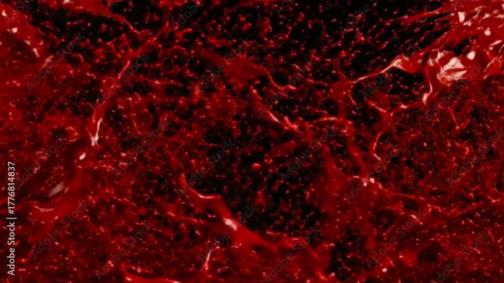 Close up view of dark background covered in red liquid splatters and drips creating texture effect