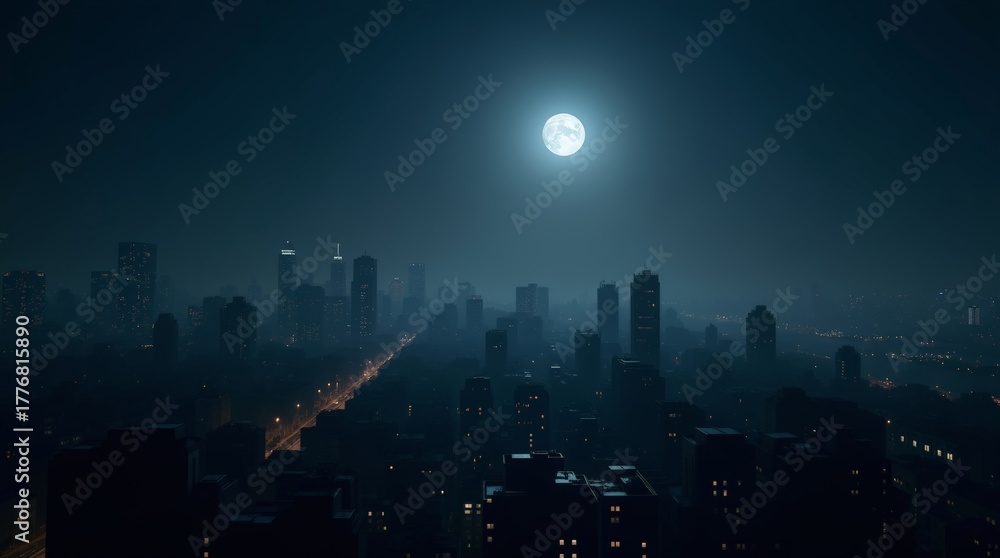 Fototapeta premium Moonlit city skyline during total blackout, dark urban nightscape with soft silver light