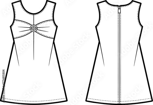 Technical flat sketch, sleeveless dress design, fashion illustration, scoop neckline, ruched detail, back zipper, garment construction, vector template, apparel drawingt
