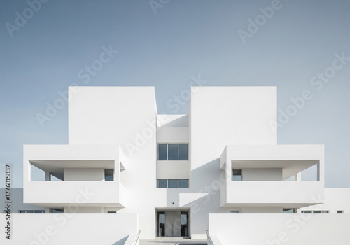 Symmetrical White Architectural Marvel Modern Building Design with Clean Lines and Minimalist Aesthetic under Clear Blue Sky, a study in geometry