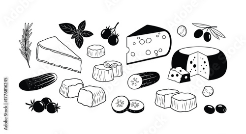 Artistic collection of diverse cheeses, herbs, and vegetables arranged in a delightful composition.