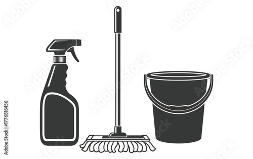Essential cleaning supplies including a spray bottle, mop, and bucket for household chores.