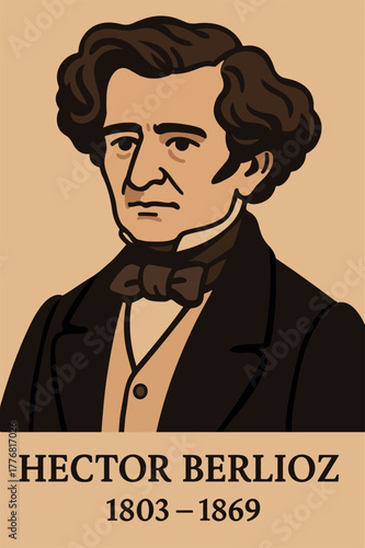 Vector portrait of composer Hector Berlioz in a 19th century costume. Historical illustration of the composer with the signature and dates 1803-1869
