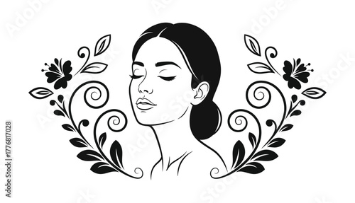 Elegant woman with closed eyes framed by ornate floral flourishes, embodying beauty and tranquility.
