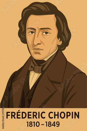 Vector portrait of composer Frédéric Chopin in a 19th century costume. Historical illustration of the composer with signature and dates 1810-1849.