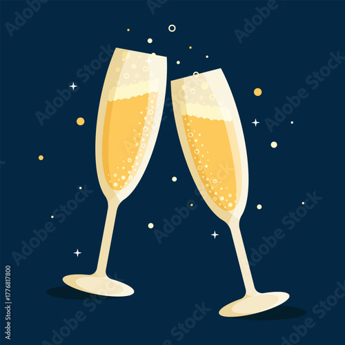 Two glasses of sparkling wine or champagne isolated on a dark blue background. EPS 10