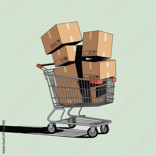 Shopping cart filled with stacked cardboard boxes on green background  