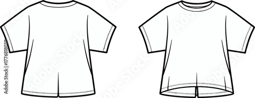 T-shirt technical sketch, front and back view, short sleeve design, round neckline, fashion flat, garment template, clothing vector, illustration