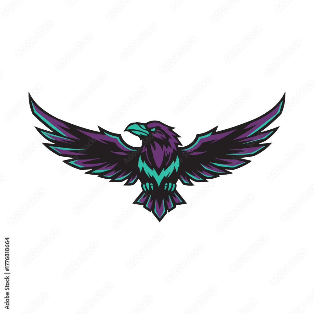 Obraz premium Raven in flight illustration – dark purple wings, teal accents, and fierce symmetry for fantasy branding, gaming mascots, and bold identity design.