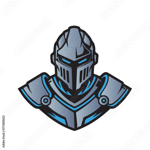 Medieval knight helmet illustration – metallic blue-gray armor with angular visor and layered plating for warrior branding, historical themes, and gaming identity.