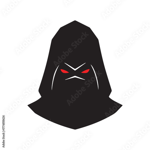 Hooded figure illustration – dark cloak, glowing red eyes, and stern expression for mysterious branding, villain themes, and minimalist identity design.