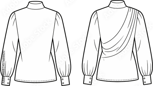 Women’s draped blouse fashion flat sketch, long sleeve top technical drawing, high neck shirt vector template, garment design illustration