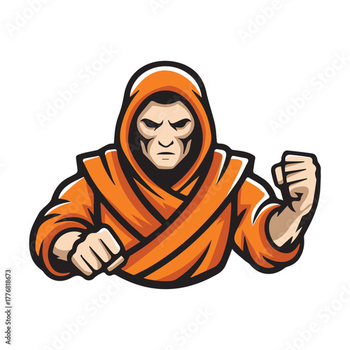 Martial arts fighter illustration – orange hooded robe, clenched fists, and intense stance for warrior branding, discipline themes, and combat identity design.
