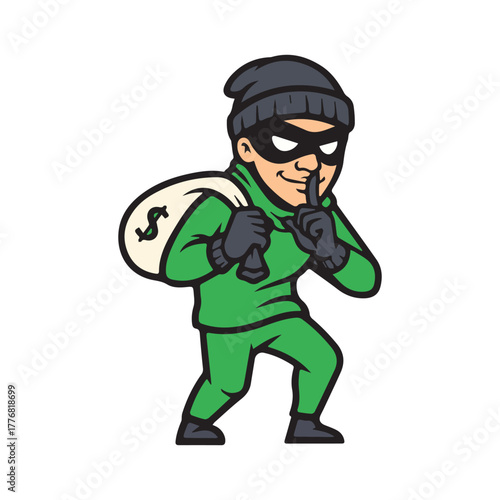 Cartoon burglar illustration – green outfit, black mask, dollar sack, and shushing gesture for playful crime, stealth, and mischief-themed branding.