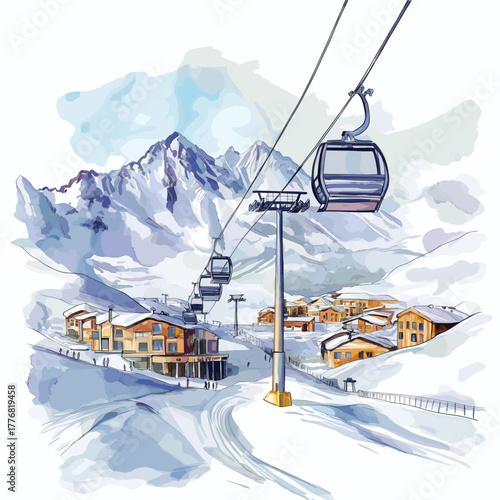 Andes Ski Resort. Andes Ski Resort hand drawn watercolor illustration