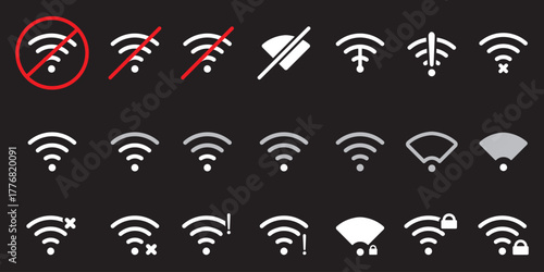 Wifi data icon set, Signal Icon Set – Smartphone UI Elements Including Charge Levels, WiFi, and Network Status in Vector illustration.