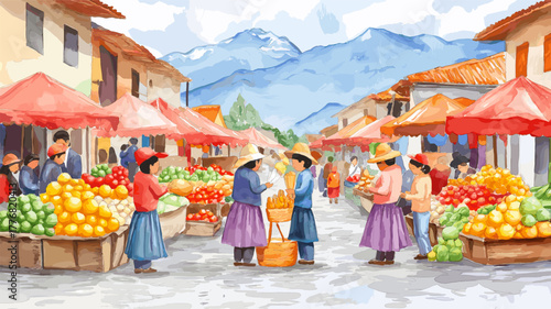 Otavalo Market. Otavalo Market hand drawn watercolor illustration