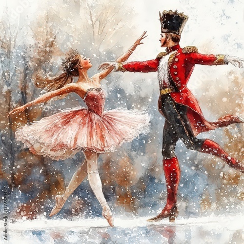 Ballerina and Nutcracker dancing on a snowy background. New Year's fairy tale