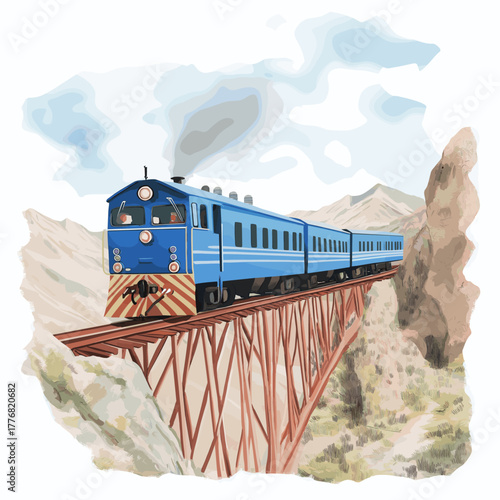 Train to the Clouds. Train to the Clouds hand drawn watercolor illustration